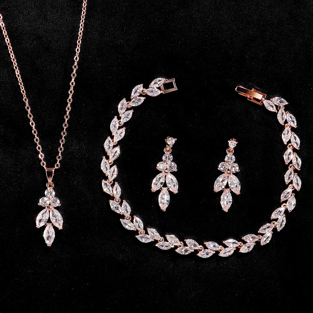 ZAKOL 3Pcs/Set Luxury Zirconia Leaf Bridal Wedding Jewelry Set Buling Clear Crystal Earring&Necklace&Bracelet Party Accessories