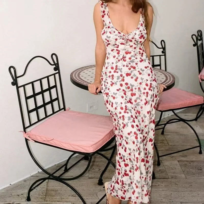 Elegant Summer Print Floral Dress Women V-neck Slim Ruffles Sleeveless Backless Long Dresses 2026 Beach Vacation Lady Vestidos