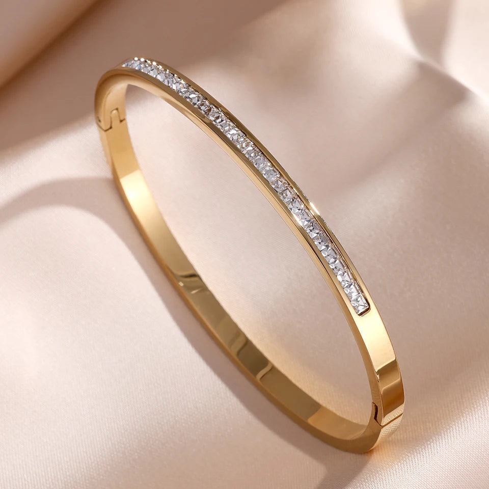 ZAKOL 5/1pcs Shiny Geometric Zirconia Inlaid Stainless Steel Copper Bracelet Set Heart CZ Stackable Bangle Jewelry Gift