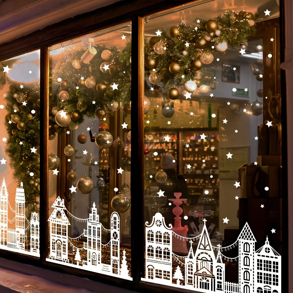 1PC New Christmas White Winter City Silhouette Window Cling Sticker Glass Door Store Decoration Snow Scene Home Decor