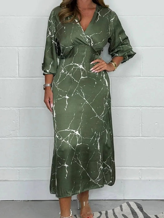 BKLD 2026 Summer And Autumn New Fashion Printed Party Dresses Women Clothing Satin V-Neck Long Sleeve Medium Length Dress