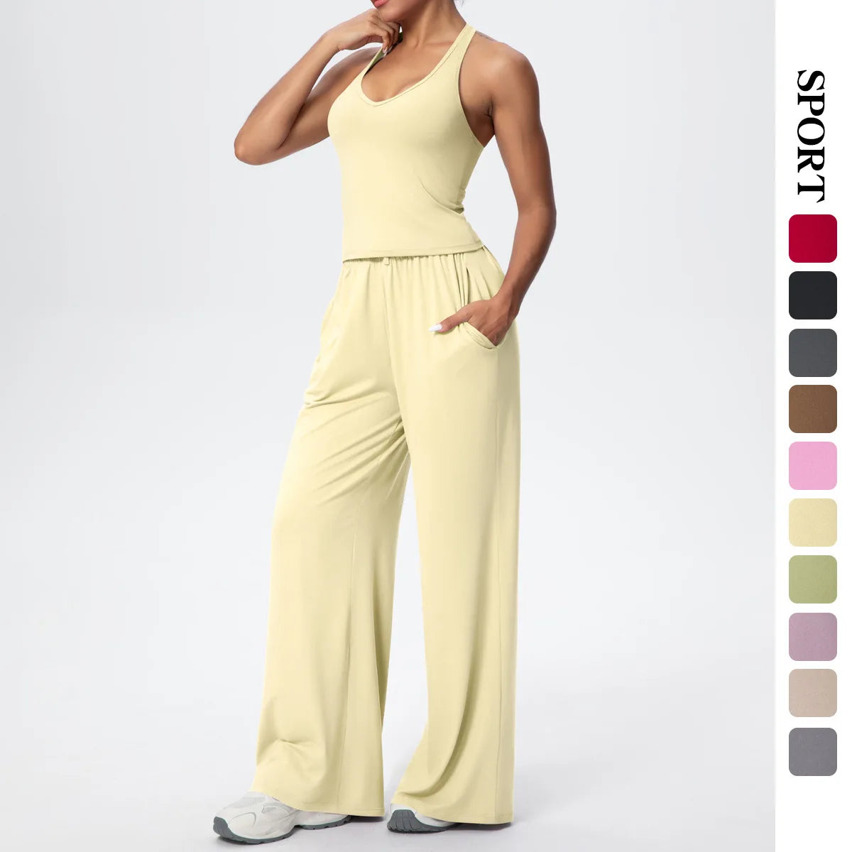 Breathable Loose Wide Leg Pants and Yoga Vest Set Solid Color High Stretch Pockets Pants Beautiful Back T-shaped Vest Yoga Suit