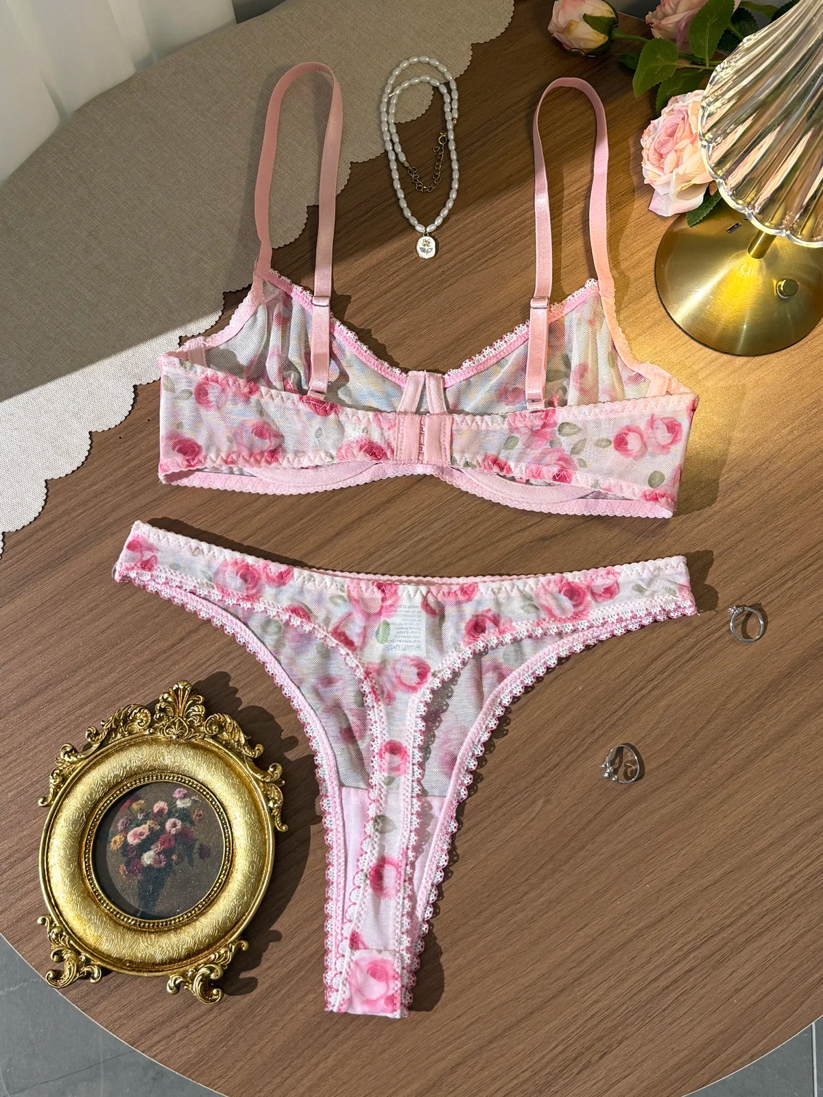 Pink Rose Print Lace Underwear Set French Romantic Style Bra + Briefs Thin Breathable Mesh Sexy Two-Piece Set