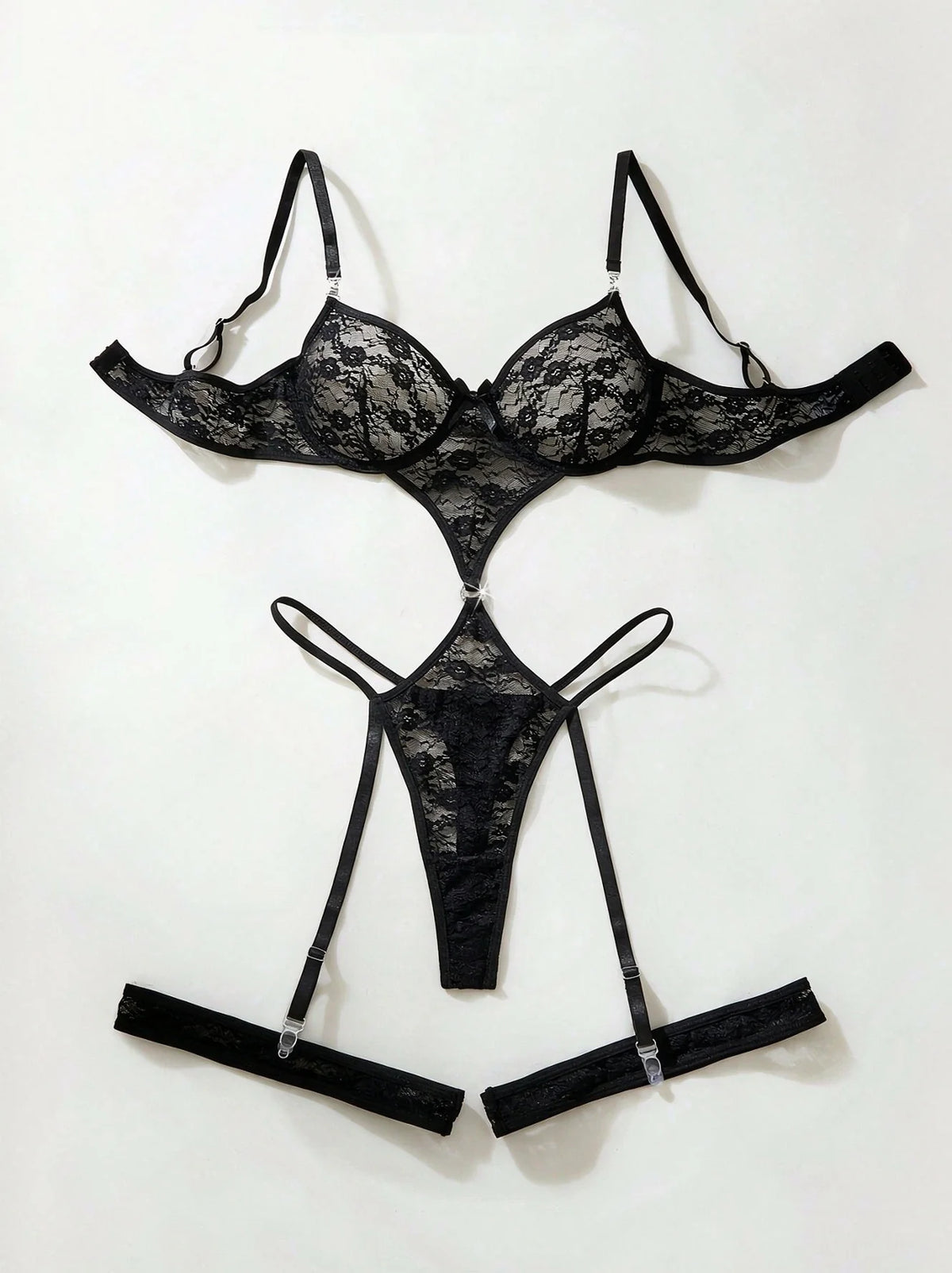 Black Lace Chemise Set with Floral Cup Fine Strap Halter Leg Ring Three-Piece Underwear Ensemble