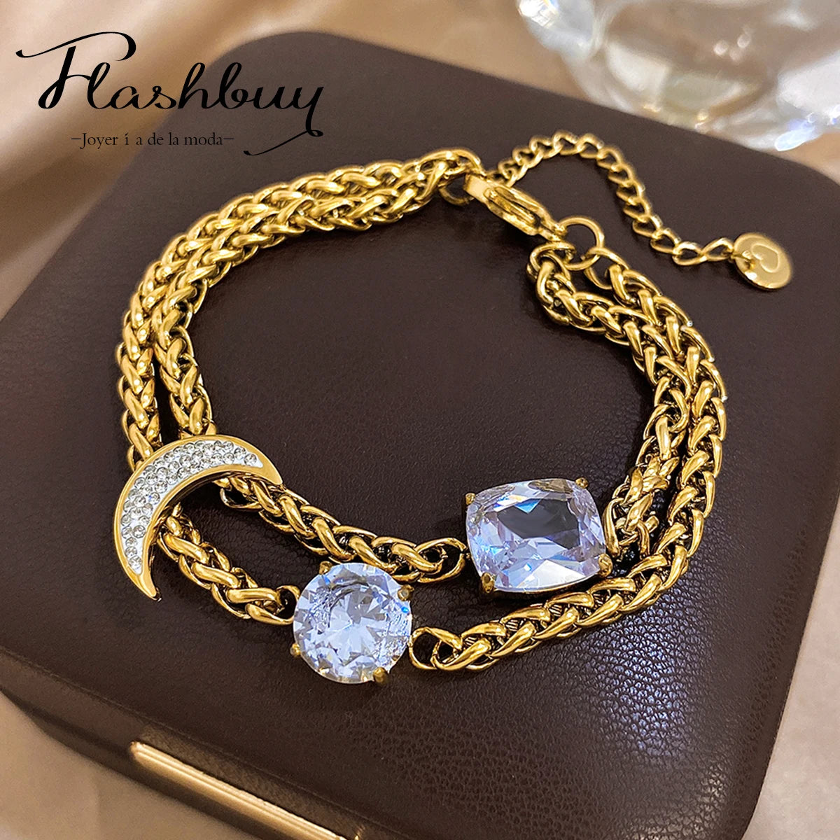Flashbuy Women's Bracelet Golden Double Thick Chain Synthetic Zircon Geometric Moon Stainless Steel Bangle Statement Accessories