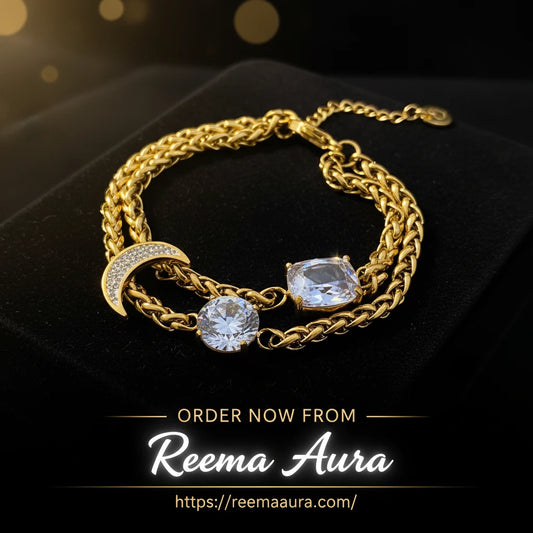 Flashbuy Women's Bracelet Golden Double Thick Chain Synthetic Zircon Geometric Moon Stainless Steel Bangle Statement Accessories