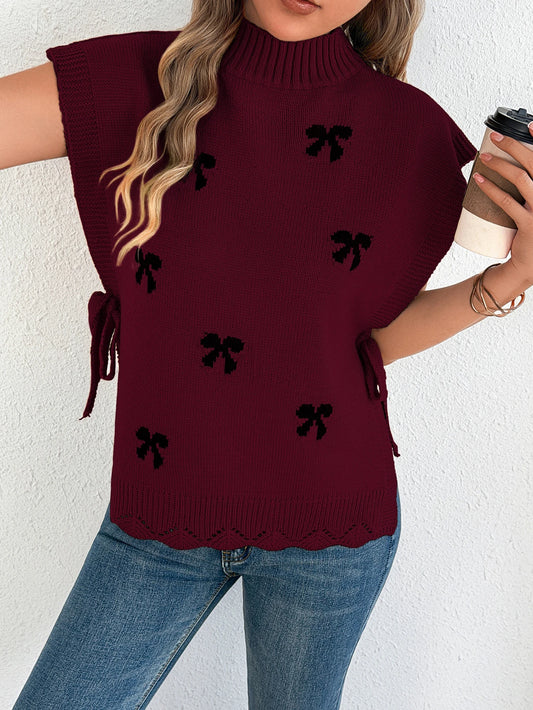 Spring Autumn Casual Women Sweater 2026 Fall Fashion Mock Neck Bow Pattern Side Tie Detail Knitted Sleeveless Vest Pullover