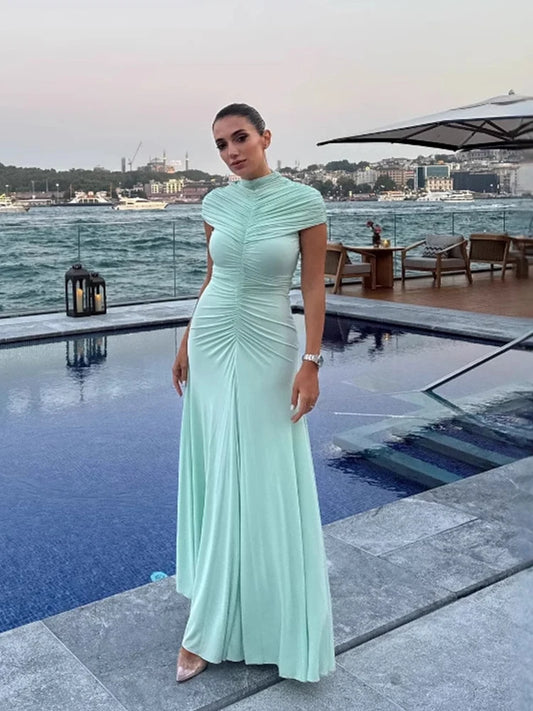 Elegant Shirring Solid Maxi Dress for Women Slim Short Sleeve High Neack Party Club Dresses Vestidos Mujer Concise Trend Robe 20