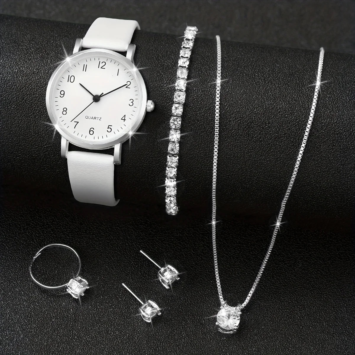 5/6PCS Fashion Women's Quartz Watch Leather Band Analog Quartz Watches with Diamond Jewelry (Without Box)