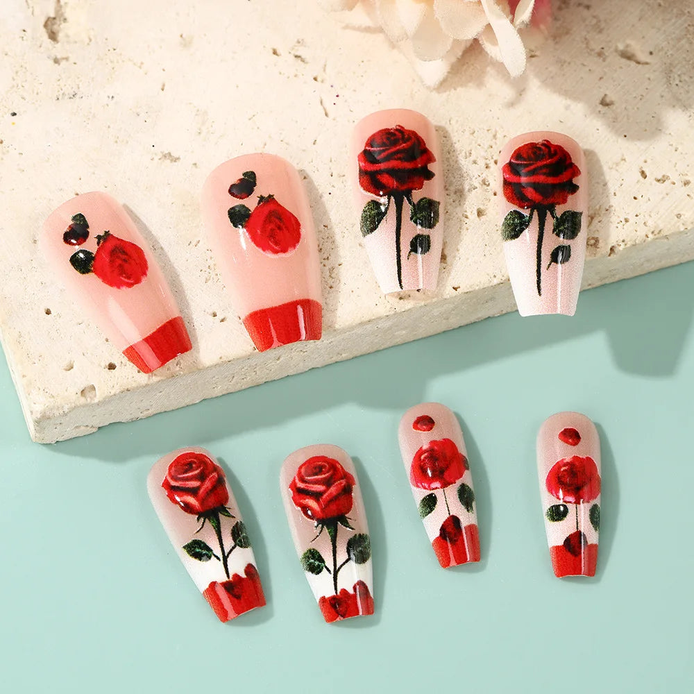 Medium long fake nails for women green white pink red flowers for Spring summer ballet tips full cover acrylic press on nail