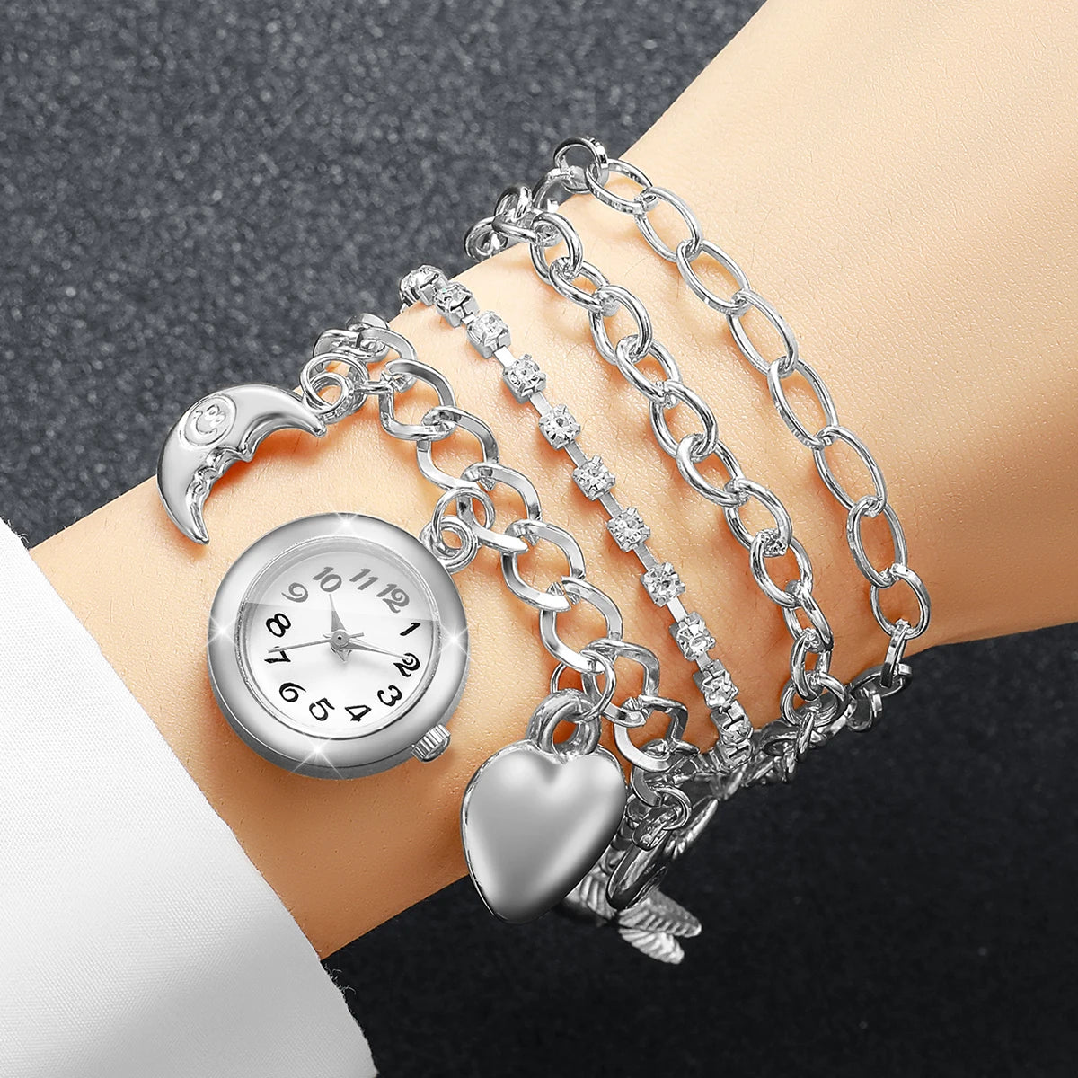Luxury Women Silver Quartz Watch Moon Heart Charm Rhinestone Multi‑Layer Bracelets Ladies Watches Relogio Feminino（Without Box）