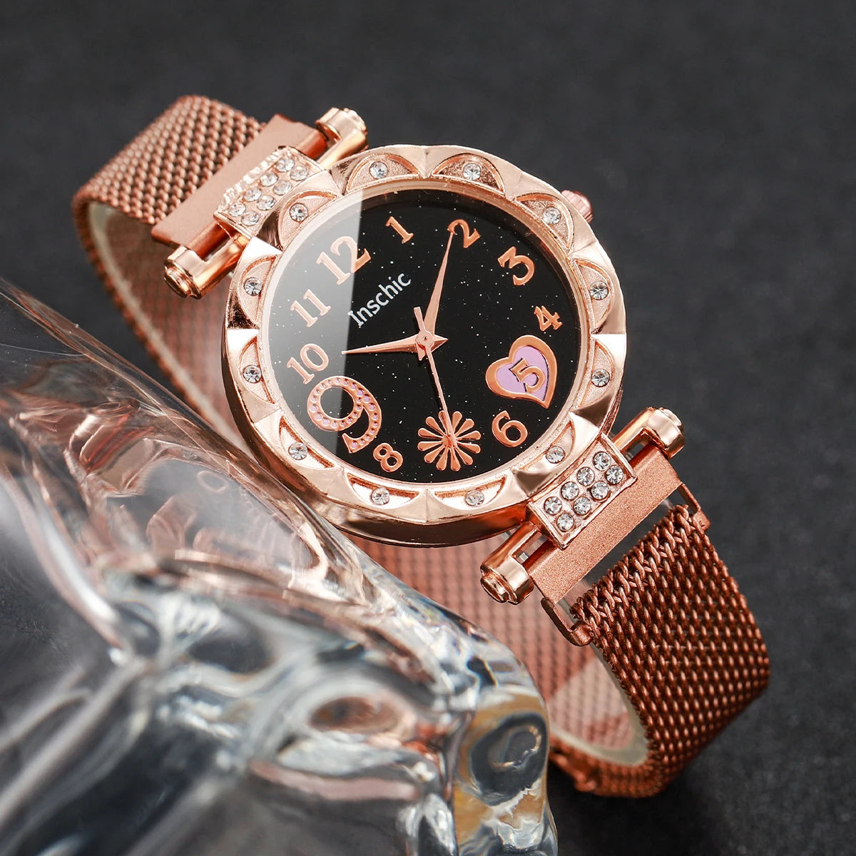 2PCS/Set Fashion Flower Dial Women's Watch Magnet Buckle Mesh Band Quartz Watches Star Bracelet Set(Without Box)