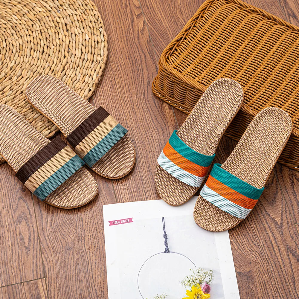 Summer Linen Flat Slippers for Women – Lightweight EVA Home Sandals | شباشب صيفية من الكتان للنساء – صنادل منزلية خفيفة من EVA