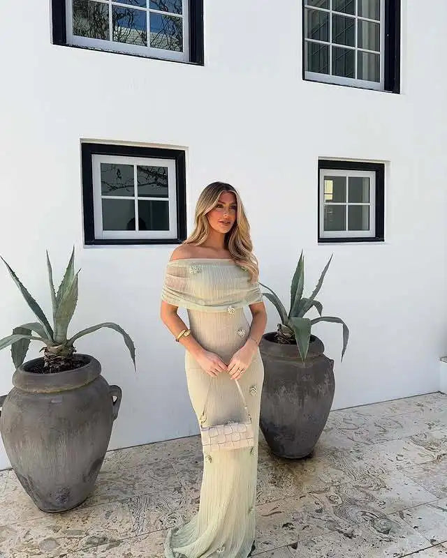 Elegant 3d Flower Off Shoulder Maxi Dress Sleeveless Perspective Pleated Slim Solid Color Robes 2026 Fashion Evening Party Gowns