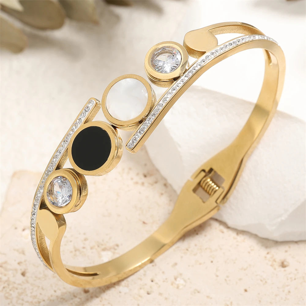 ZAKOL Fashion Black Shell Roman Numeral Titanium Steel Bangle Hollow Circle Button Bracelet Jewelry Gifts for Women