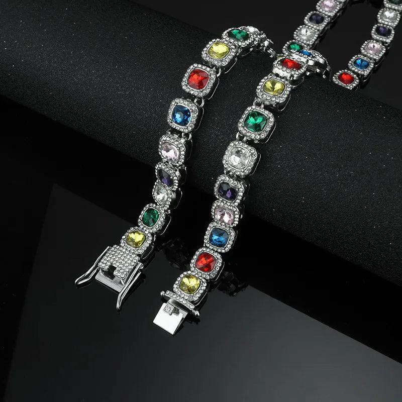 ZAKOL Hip Hop Luxury Square Colorful Rhinestones CZ Tennis Chain Necklace Bracelet Punk Fashion Jewlery Couple Gift