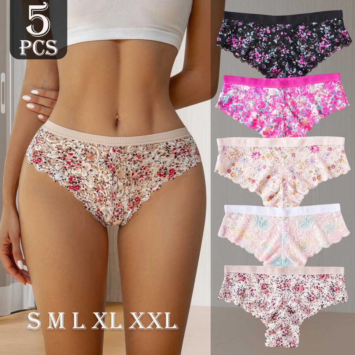 5PCS New Women Underpants Hollow Out Lace Colored Printed Sexy Panties High Quality Comfortable Briefs Fashion Female Lingerie