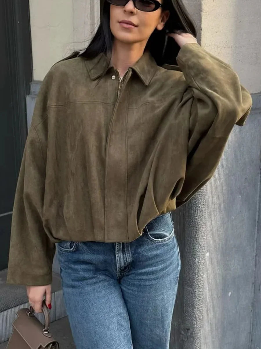 Vintage Suede Texture Bomber Jackets Women's Long Sleeve Loose Coats New Causal Autumn Winter Female Outerwear