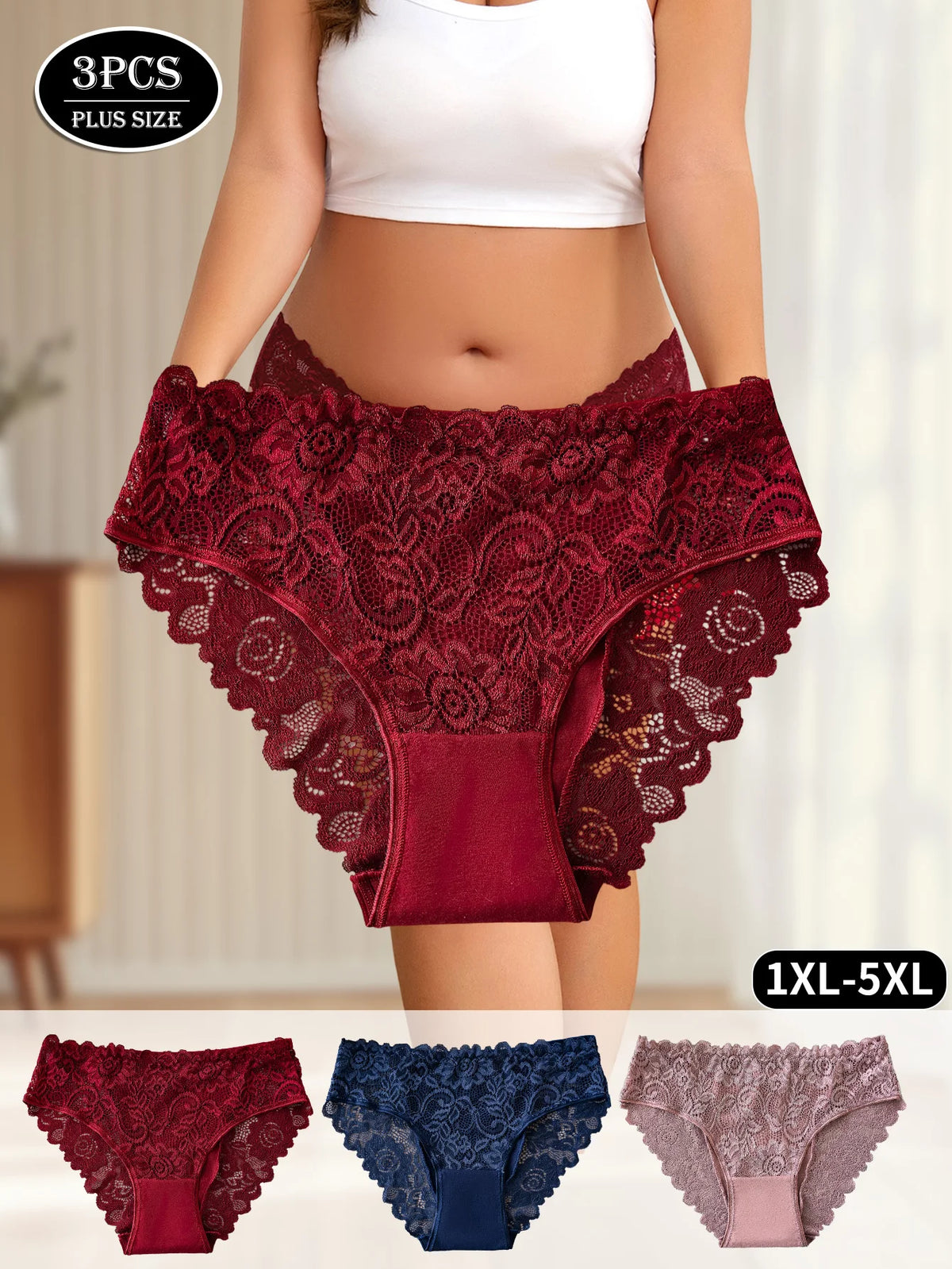 3PCS Women's Plus-Size Underwear Elegant Floral Embroidery Lace Trimmed Panties Sexy Hollow Out Briefs High Quality Lingerie
