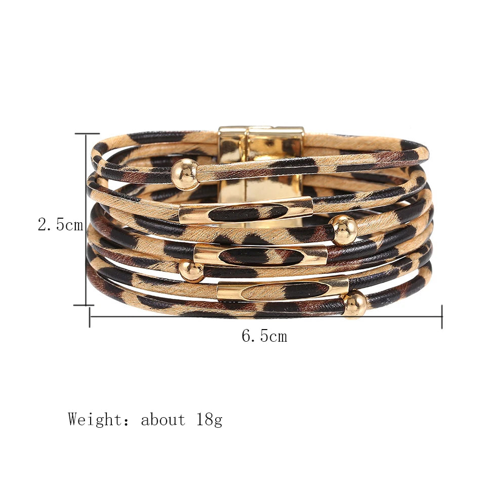ZAKOL Retro Metal Tube Sexy Leopard Print Leather Bracelet For Men Women Boho Multi-Layer Wrapped Bracelets Charm Jewelry