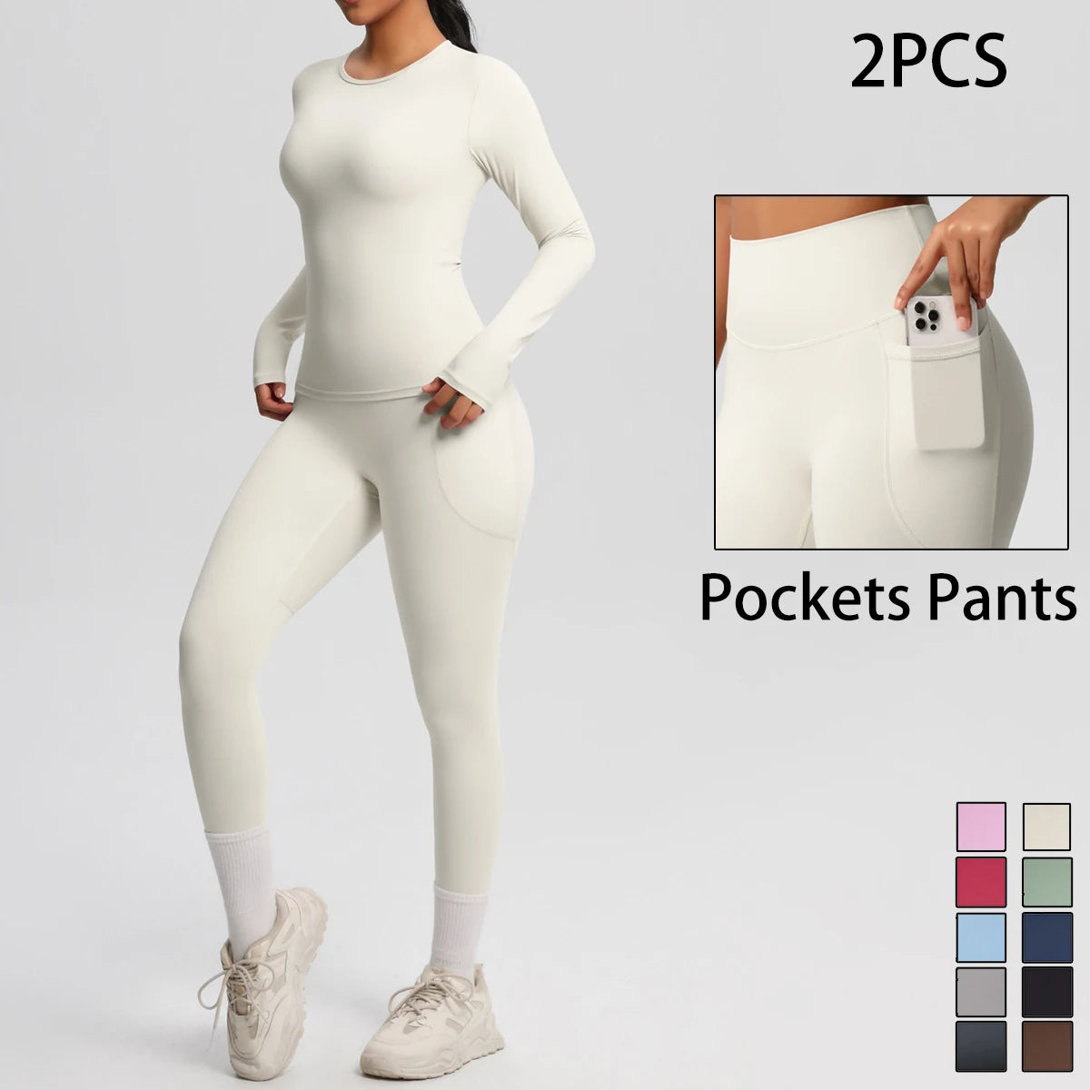 Summer 2PCS Women's Yoga Suit Solid Color High Stretch Slim Casual Long Sleeves Quick Drying Push Up Women Pockets Pants Set