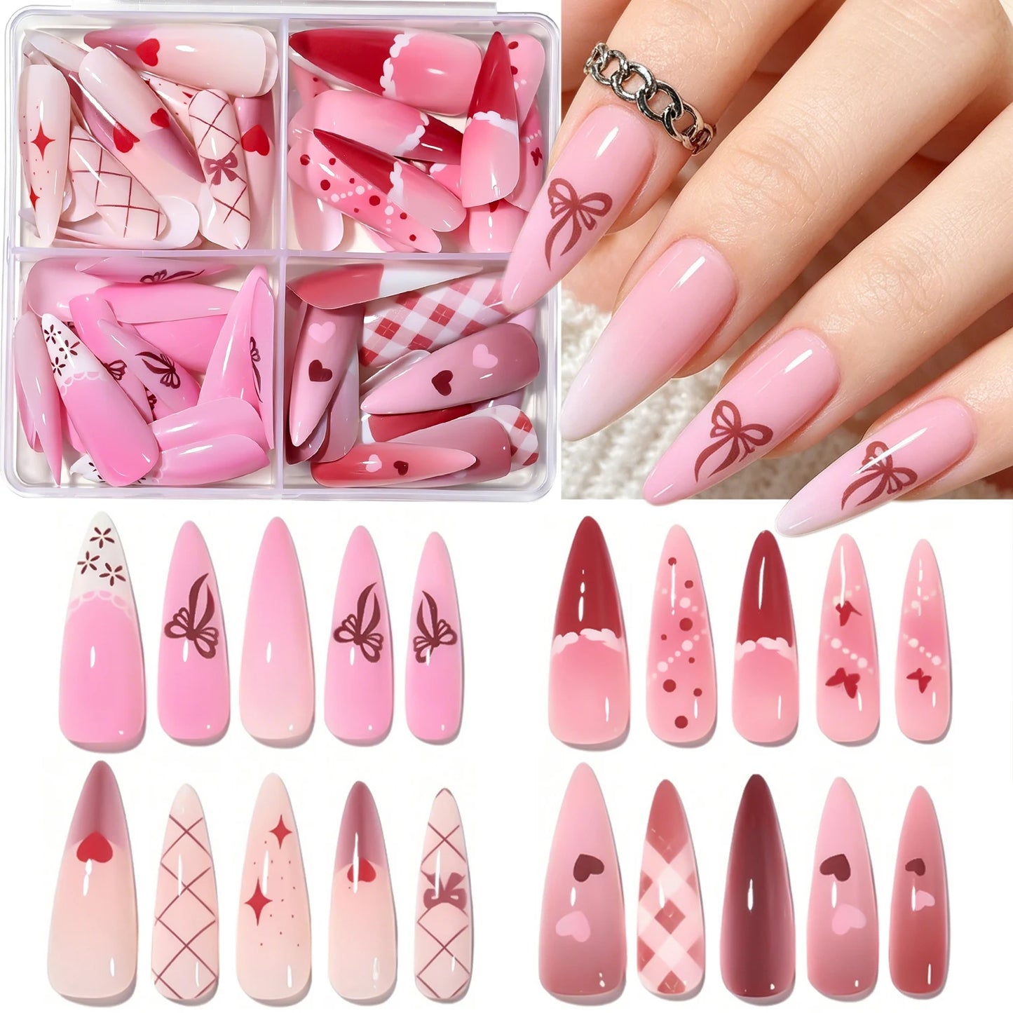 96pcs Gradient Long Almond Full Cover Fake Nails Tips with Bow Heart Plaid Design Blush Stiletto False Nails Women Press on Nail