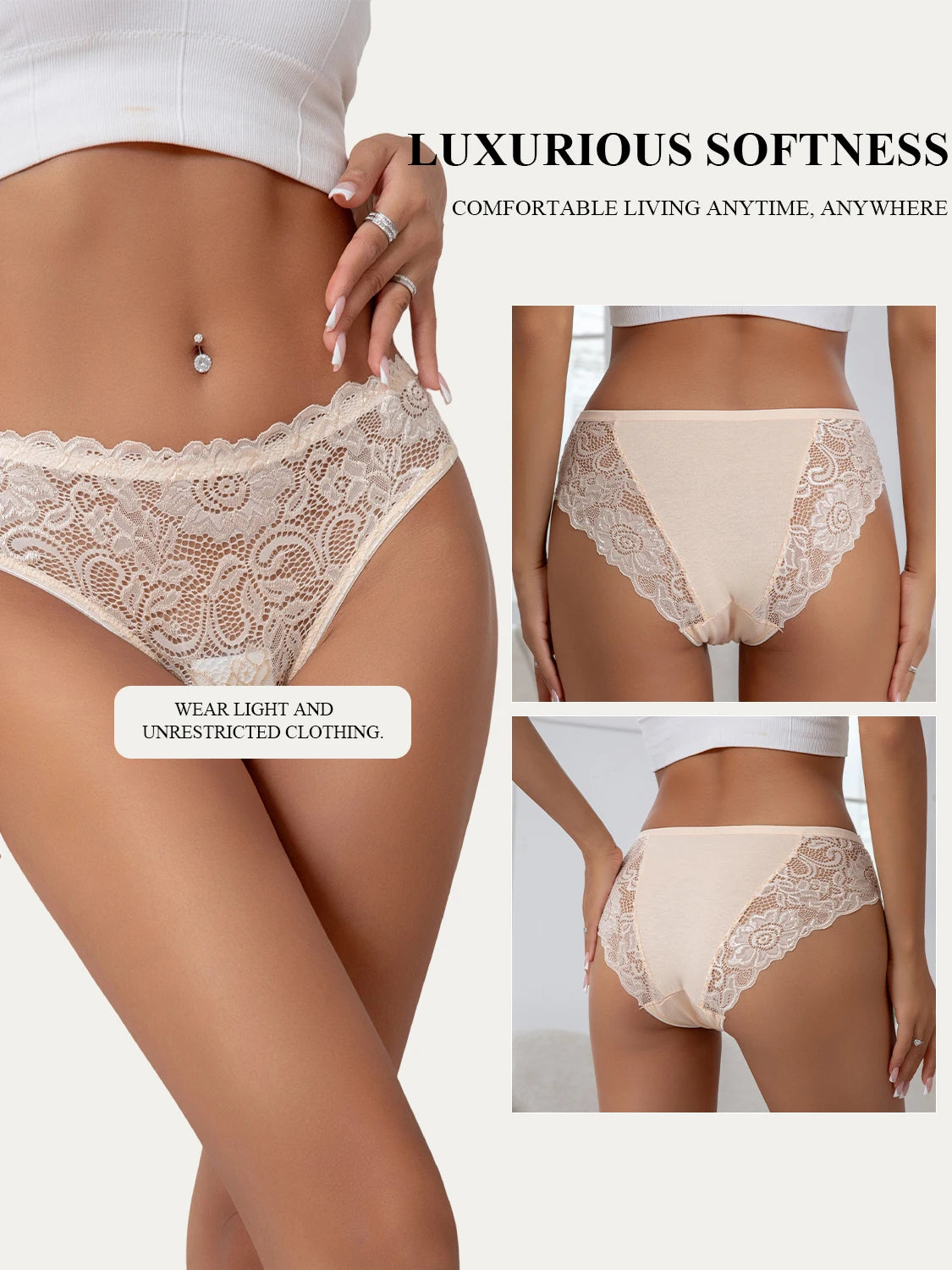 5PCS High End Lace Panties for Women Pure Cotton Crotch Breathable Sexy Briefs Solid Color Mid-Rise Everyday Underwear Lingerie