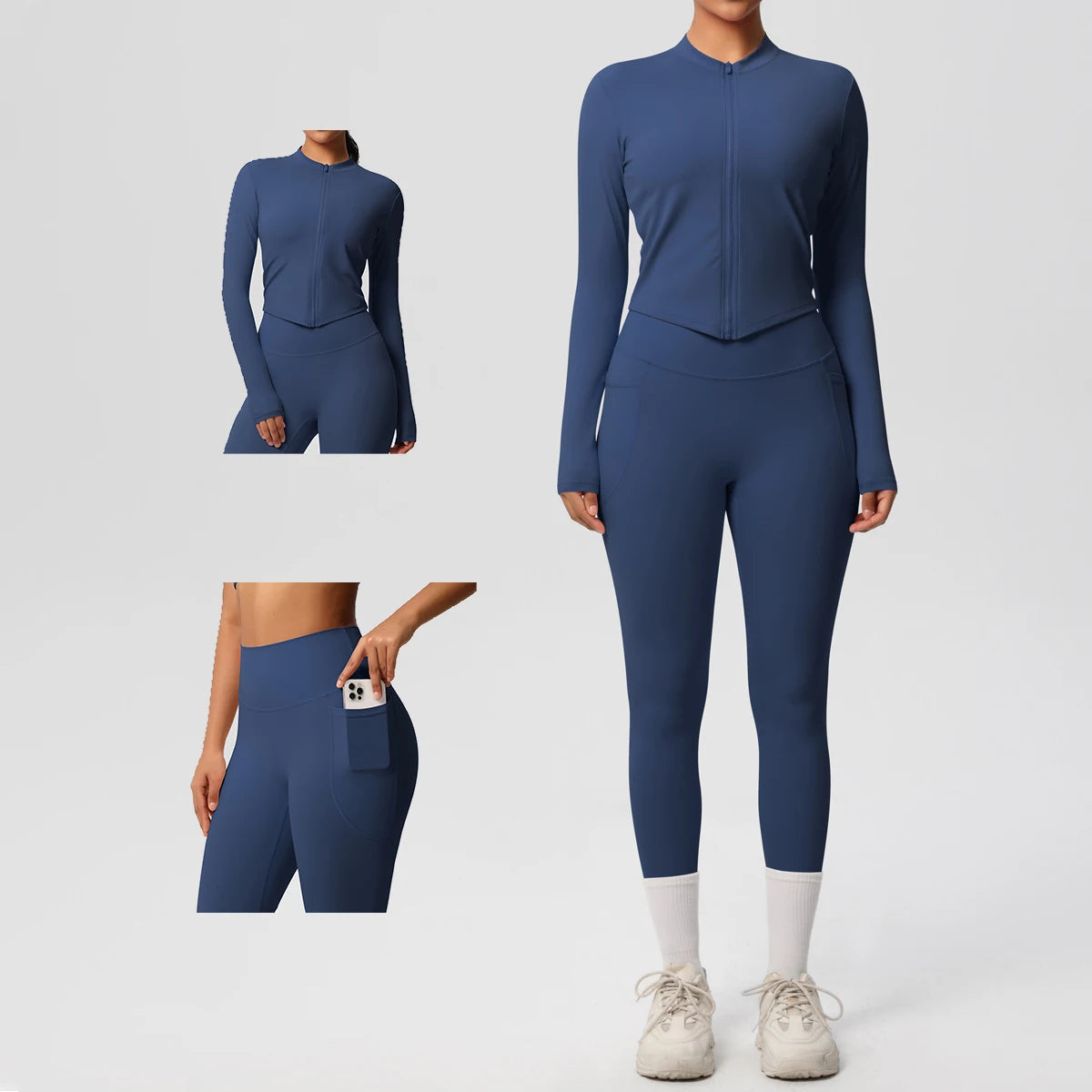 2PCS Yoga Suit Women Gym Set Leggings With Pocketed Women Tracksuit Running Zipper Workout Sportswear Long Sleeve Sports Shirt