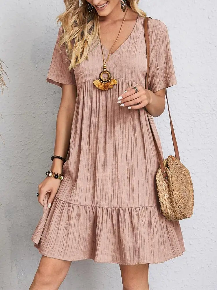 Women Elegant V Neck Ruffles Mini Dress Summer Vintage Solid Loose Sundress Bohemian Casual Solid Beach Party Vestidos