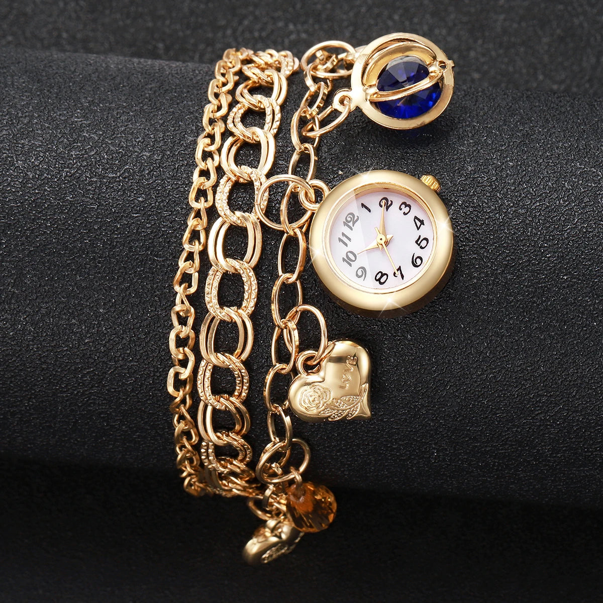 Fashion Women Gold Multi‑Layer Bracelet Watch Love Heart Blue Crystal Charm Quartz Wristwatch Relogio Feminino（Without Box）