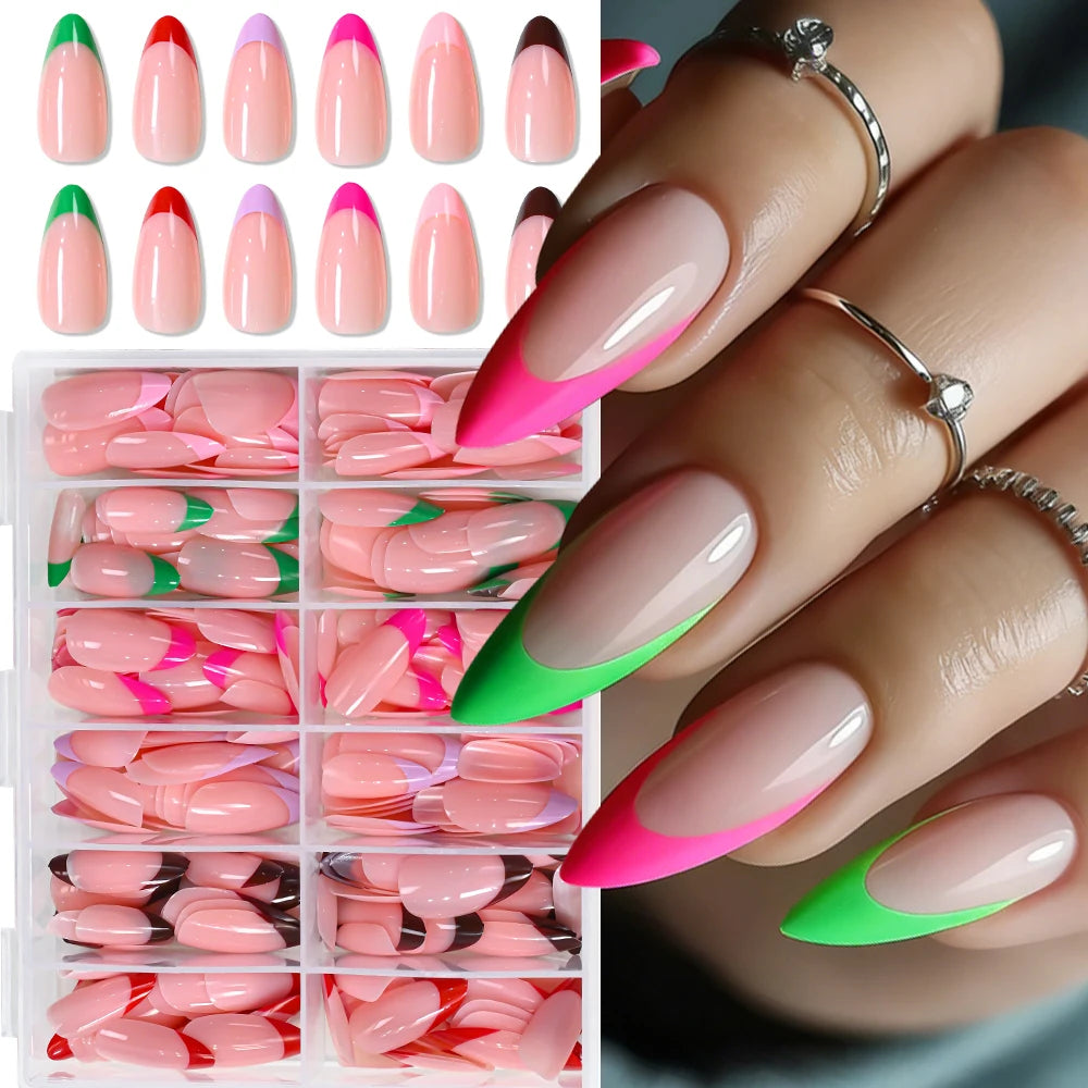 288Pcs Colorful Medium Almond French False Nails Red/Green/Pink/Purple Full Cover Fake Nails Tips Extension Women Press on Nails