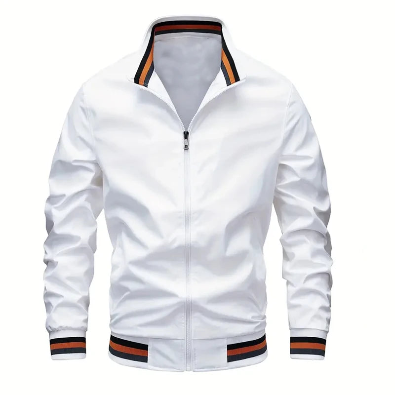 New Autumn and Winter Men's Windproof Stand Up Collar Jacket, Men's Stand Up Collar Striped Collar Casual Top No Velvet Sports F