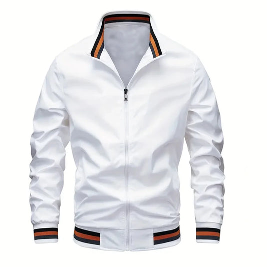 New Autumn and Winter Men's Windproof Stand Up Collar Jacket, Men's Stand Up Collar Striped Collar Casual Top No Velvet Sports F