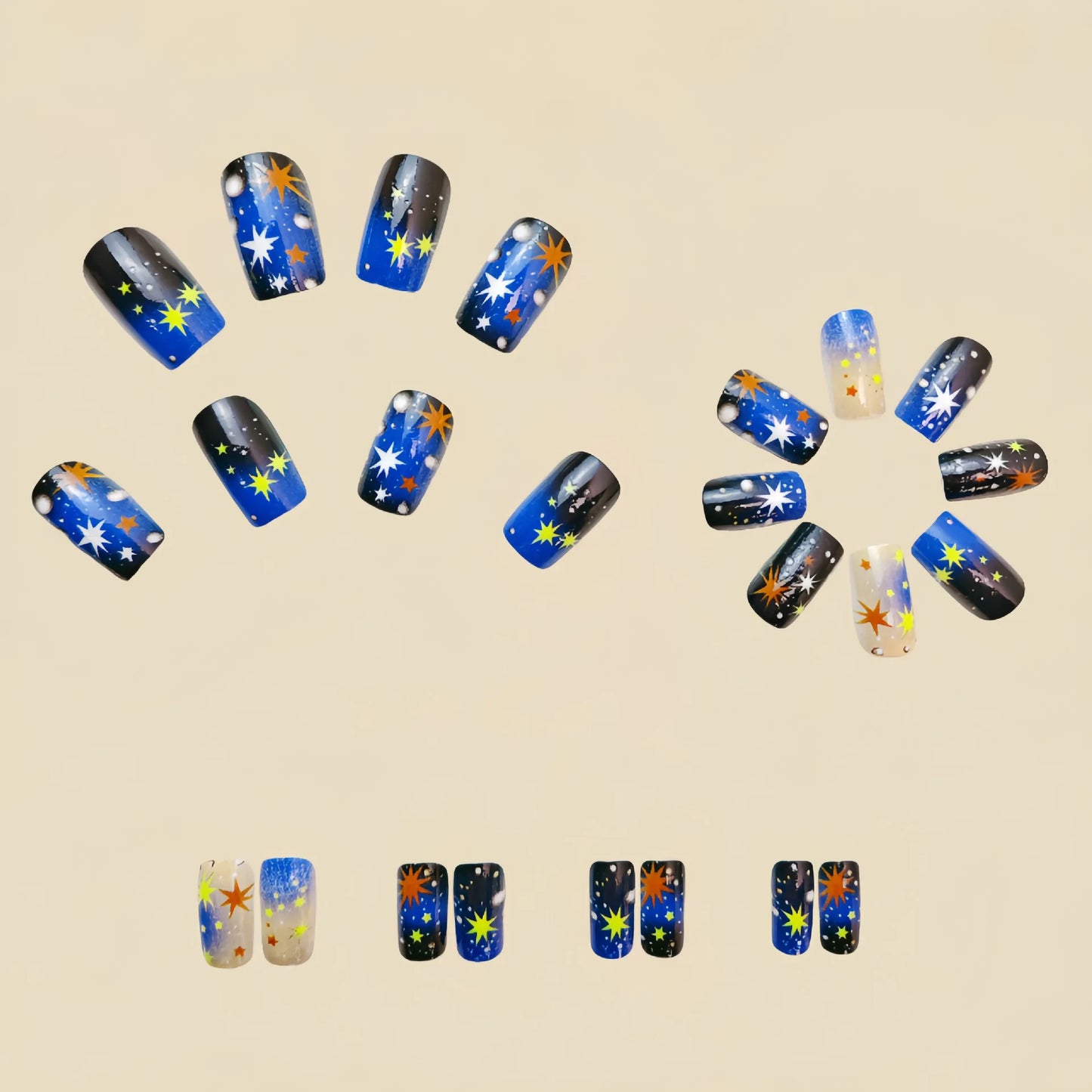 24pcs/set medium long fake nails square ballet nail tips glitters starry sky moon star feather design press on false nail art