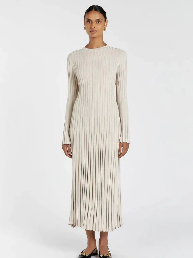 Vintage Lace-Up Female Knit Maxi Dress Elegant High Waist Patchwork Long Sleeve Loose Solid Dress Bodycon Knitwear Basic Dresses