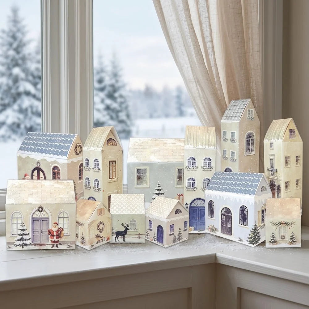 24 Pcs Christmas House Boxes,24 Christmas Calendars Self Boxes DIY Christmas Village Houses Snow Landscape,Small Christmas Boxes