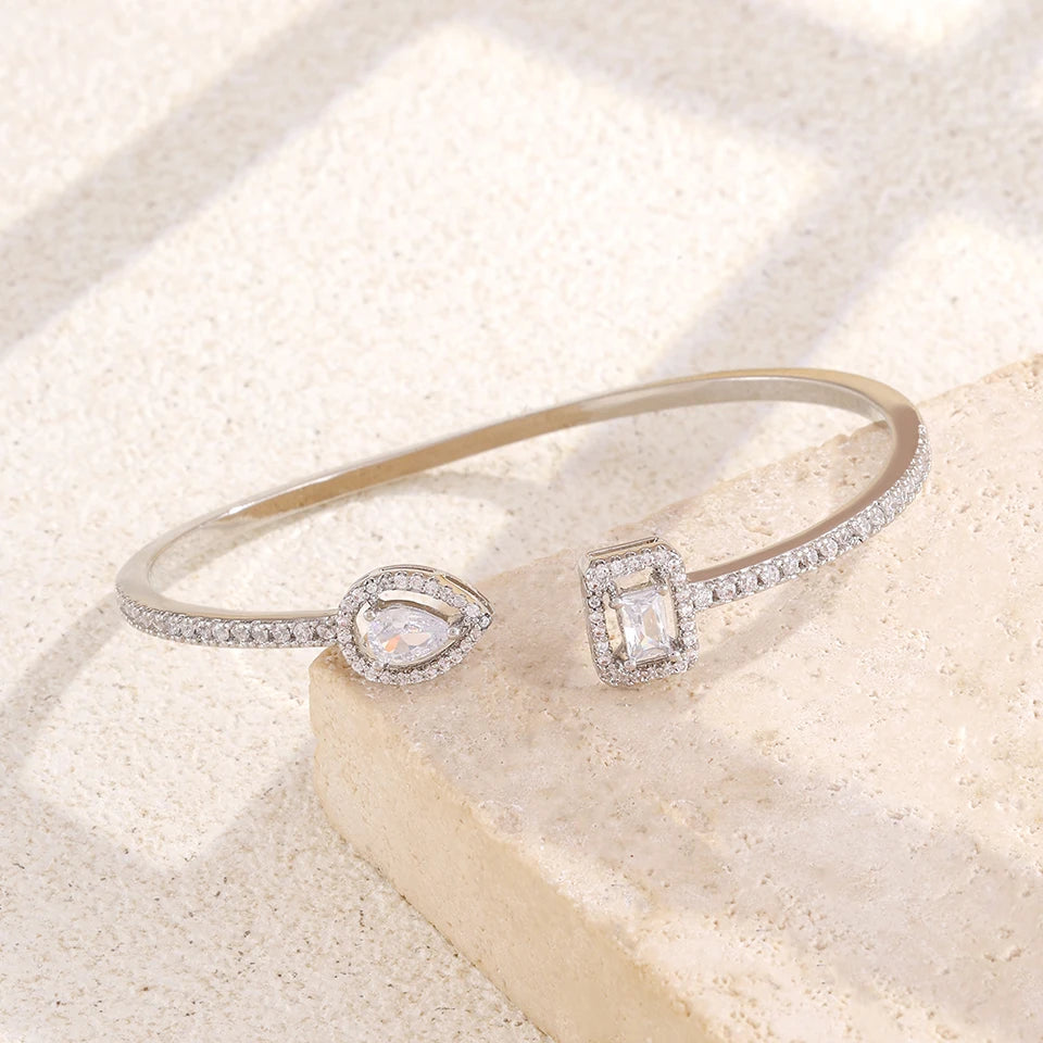ZAKOL Classic Geometric Water Drop Square Zircon Adjustable Open Bracelets Shiny CZ Cuff Bangle Wedding Party Jewelry Gift