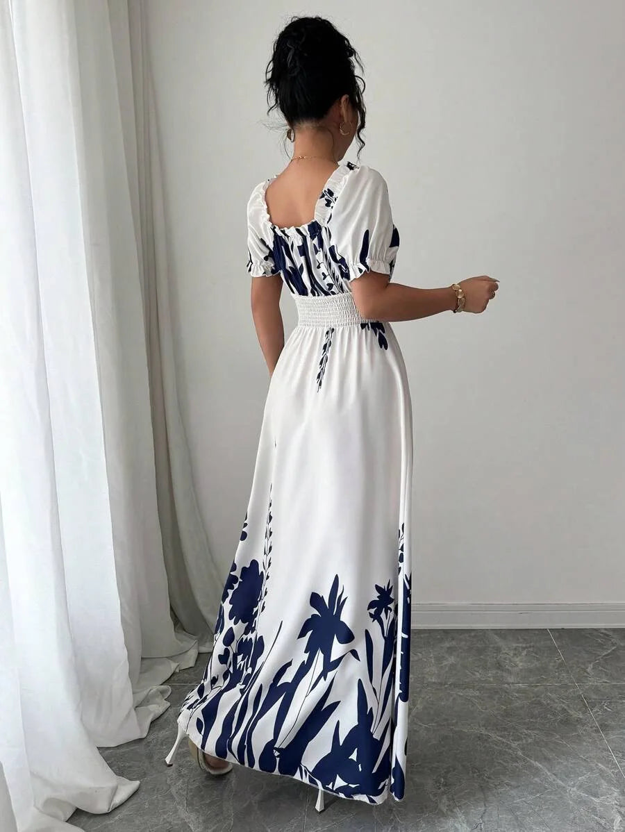 BKLD Women Clothing Summer Floral Print Dress Short Sleeve Square Collar Beach Holiday Outfits Waist Ruched Long Dresses Party