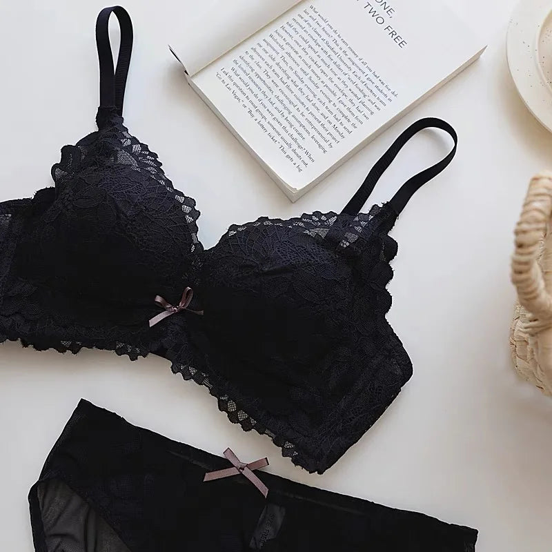 Women's Japanese Style Bra & Panty Set Luxury Lace Push Up Small Bust Support Adjustable Comfort No Gap Wirefree Free Shipping