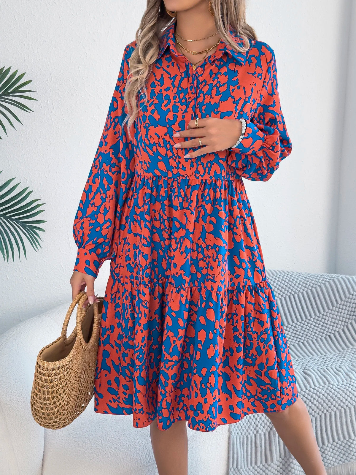 Spring Autumn Casual Vacation Single Breasted Turn Down Collar Long Sleeved Leopard Print Dresses for Women