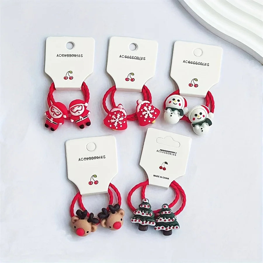 10pcs Cute Cartoon Hair Rings for Christmas with Christmas Tree and Reindeer Santa Decorations, Festive Hair Decoration