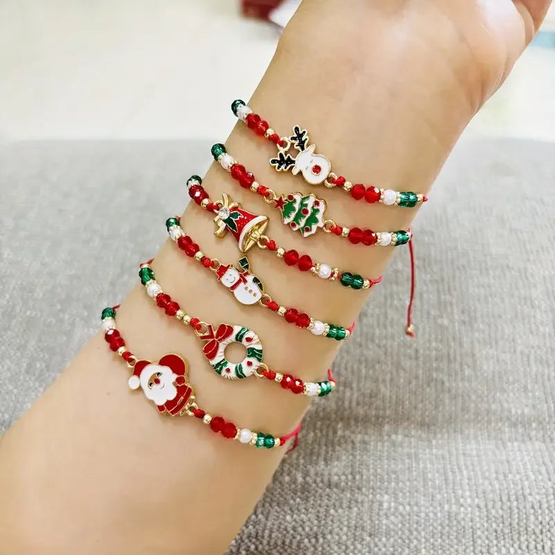 6-Pack of Classic Christmas Bracelets: Santa Claus, Christmas Tree, Reindeer, Bell, Wreath, and Snowman Designs Holiday Parties