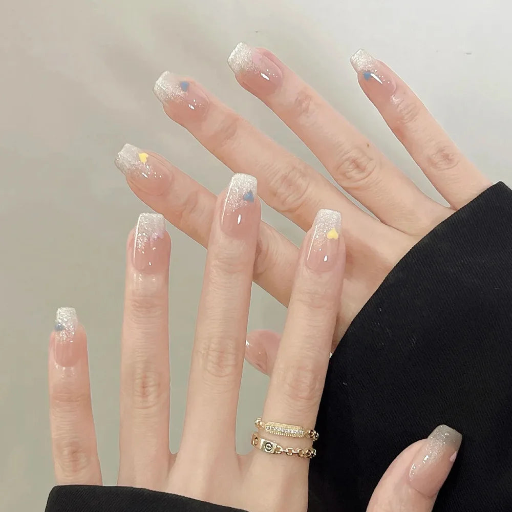 24Pcs Medium Short Square False Nails Glittering Nail Art White Wearable Fake Nail Silver French Full Cover Press on Nail Tips