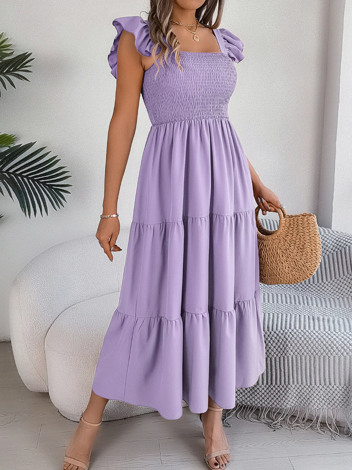 Spring Summer Solid Color Edible Tree Fungus Edge Square Neck Sleeveless Holiday Dress Elegant Long Dresses for Women Rose Blue