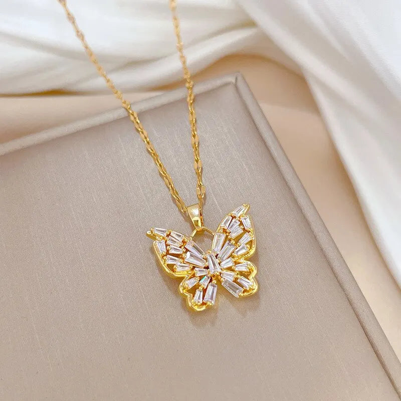 Fantastic Crystal Gold-Color Butterfly Necklace For Women Rhinestone Symmetrical Pendant Accessories Party Jewelry Gifts