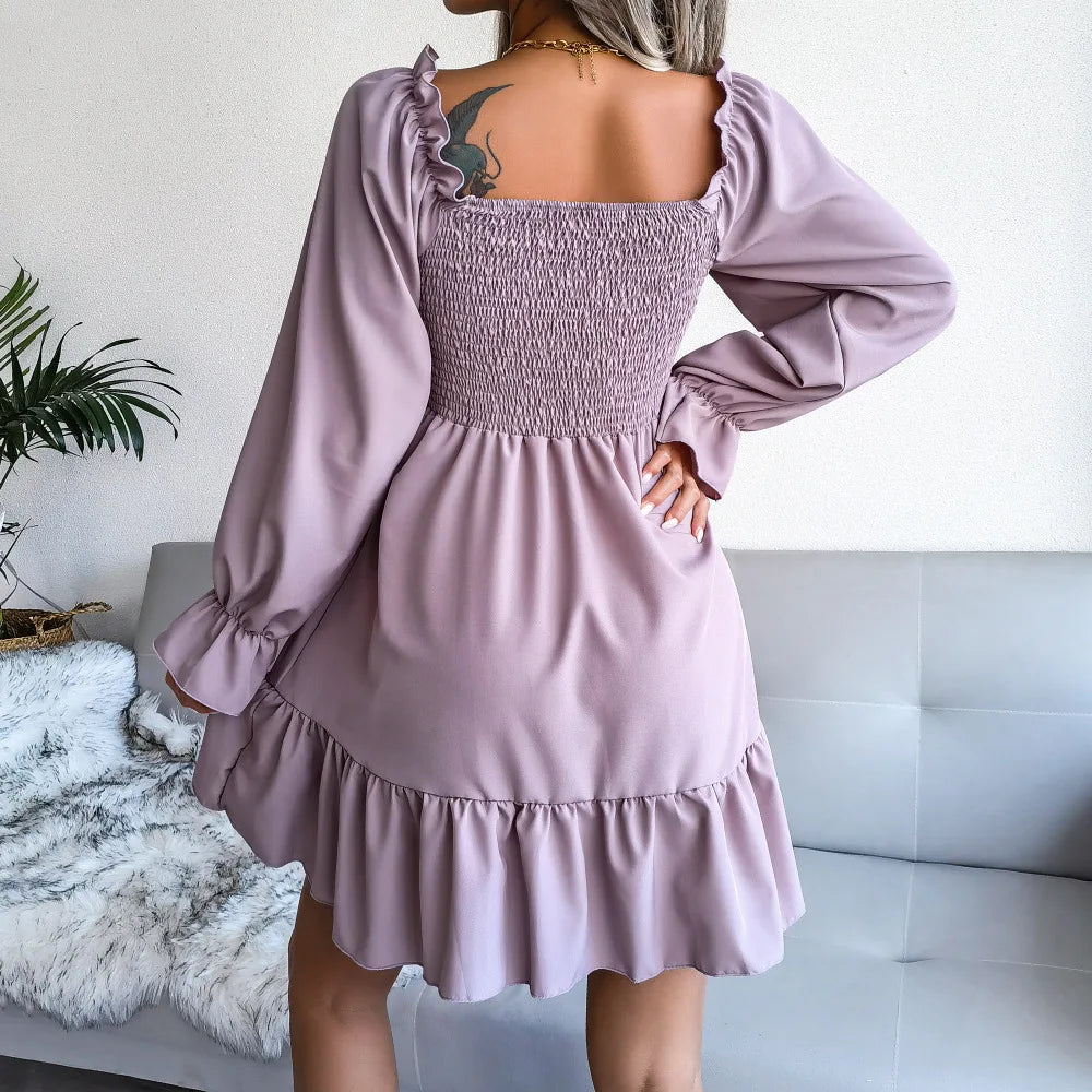 Spring Summer Casual Solid Color Square Neck Flared Long Sleeve Ruffled Dress Red Orange Green Black 2026 Fashion Woman Clothing