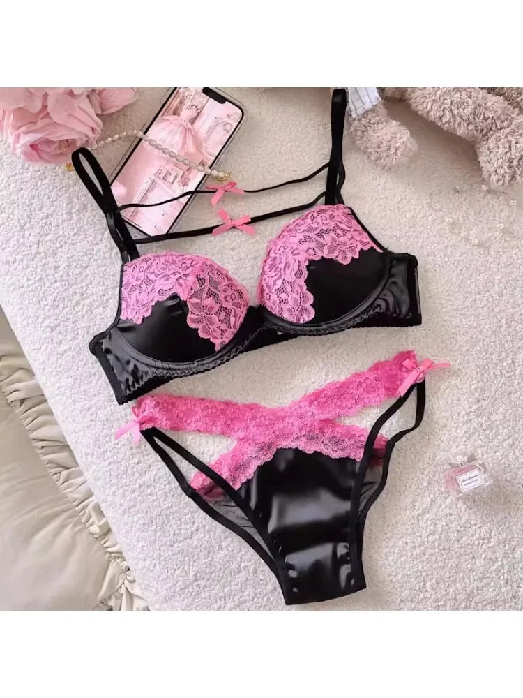 MOYISU Sweet Trap French Bow Bra Set - Wireless Push-Up for Petite Chest, Pure Seduction Lace Bralette with Elegant Ribbon Charm