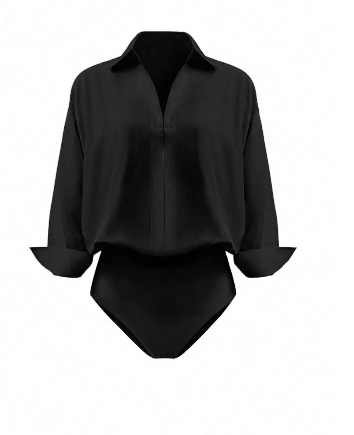 Women Shirt Bodysuit Oversized Boyfriend Half Sleeve Blouse Deep V Collar Bodysuit Shirts Elegant Office Lady Jumpsuit Top