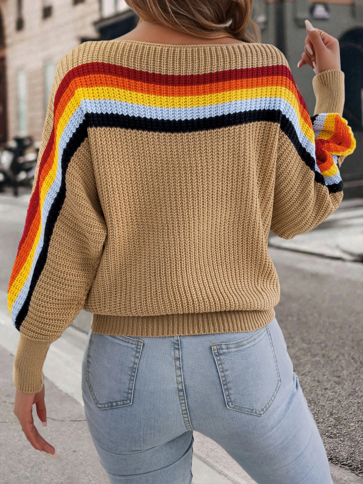 2026 Fashion Contrast Color Striped Sweaters for Women Autumn Winter Casual Round Neck Lantern Long Sleeve Knitted Pullover Tops