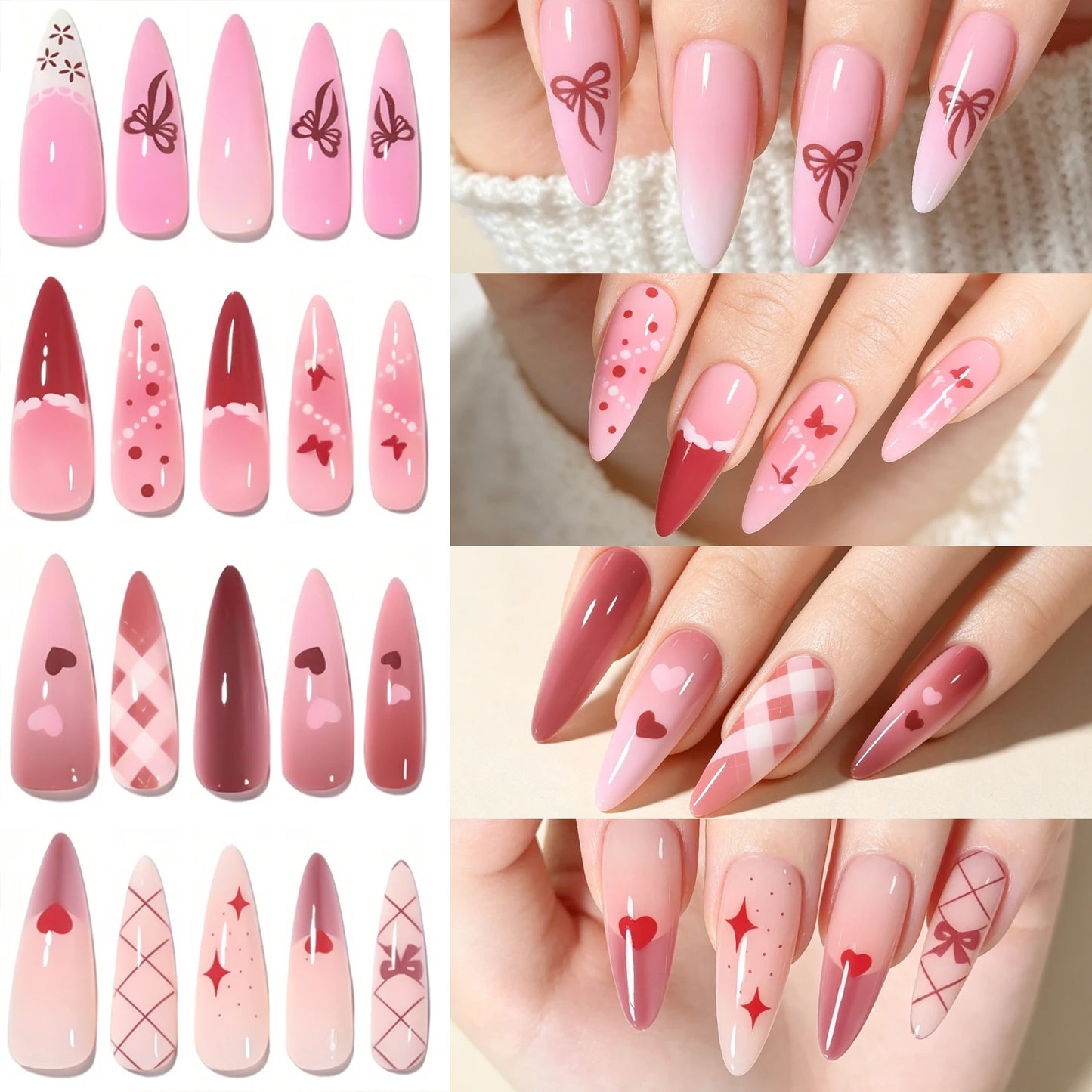 96pcs Gradient Long Almond Full Cover Fake Nails Tips with Bow Heart Plaid Design Blush Stiletto False Nails Women Press on Nail